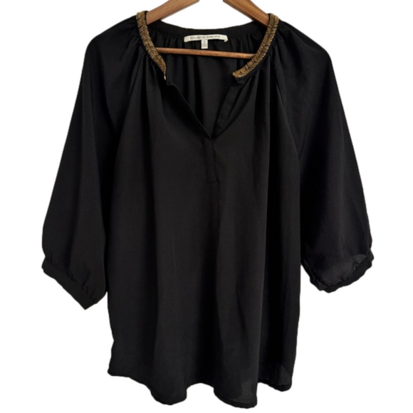 Creative Concepts Large Black Blouse w/ Gold Beaded Neckline and 3/4 Sleeves - Picture 1 of 5